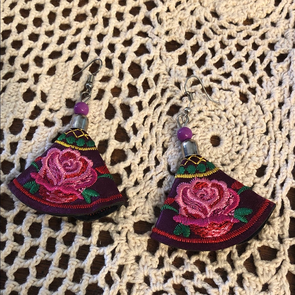 Embroidered Rose Drop Earrings in Pink & Purple